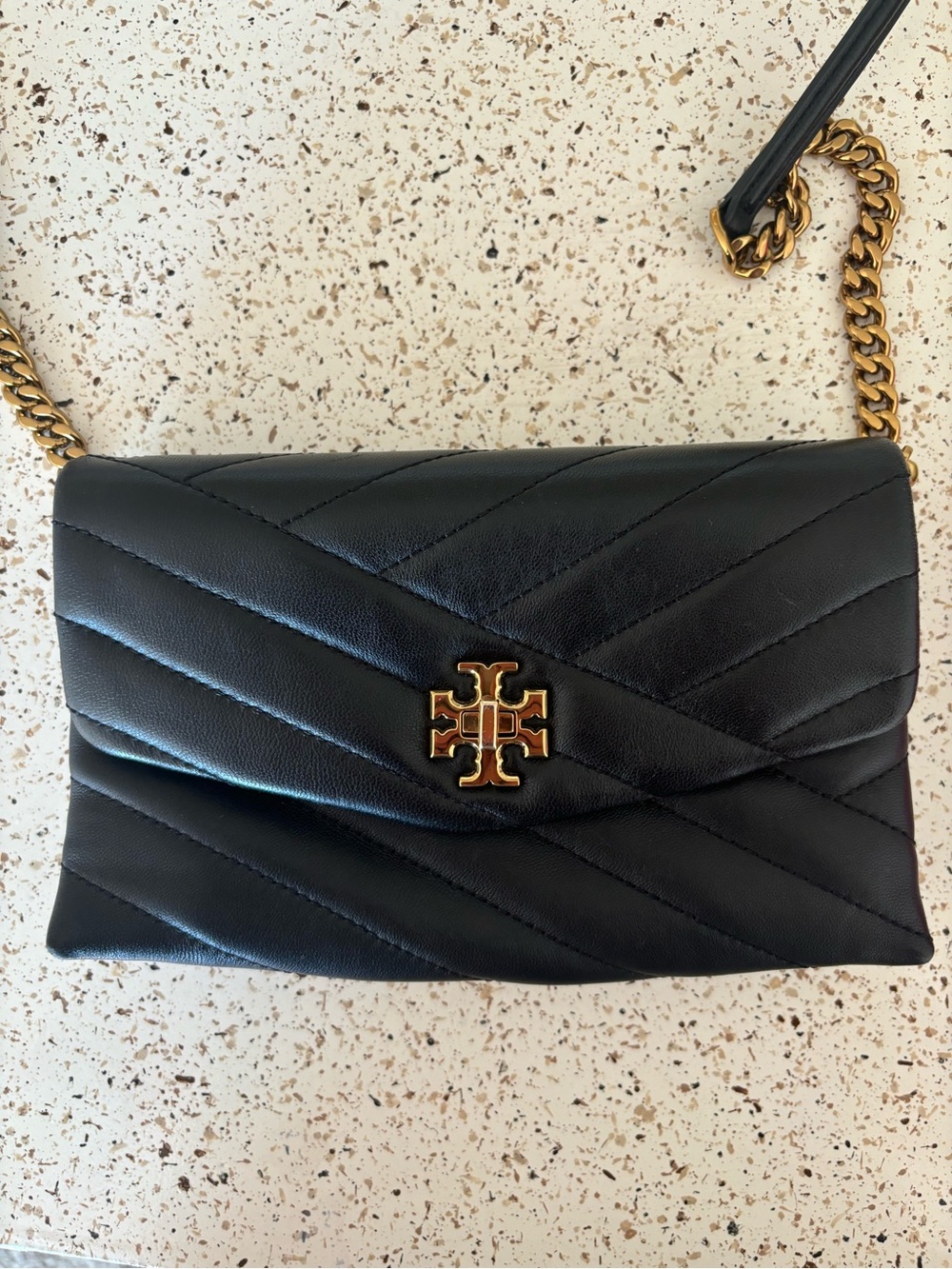 Tory Burch Black Quilted Leather Chain Crossbody with Gold Logo